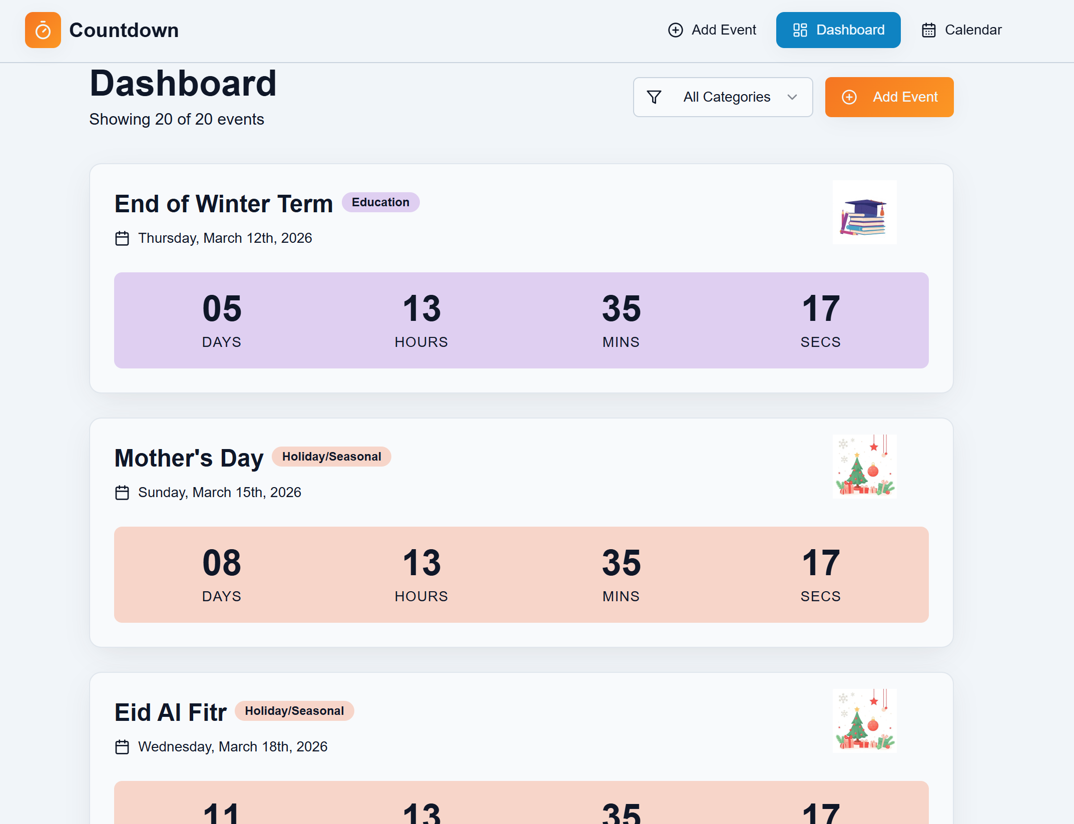 Countdown app screenshot showing event timers dashboard